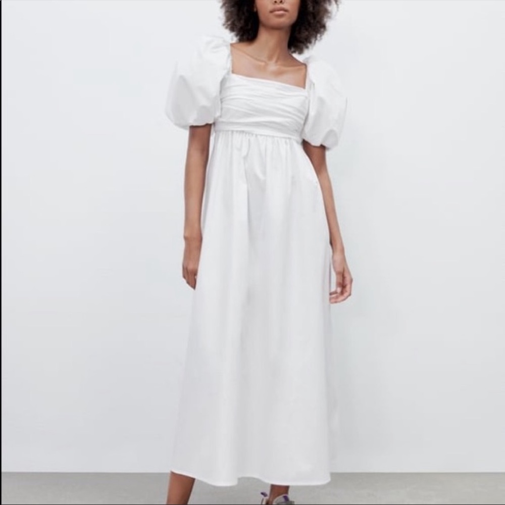ZARA Puff Sleeve Poplin Dress S